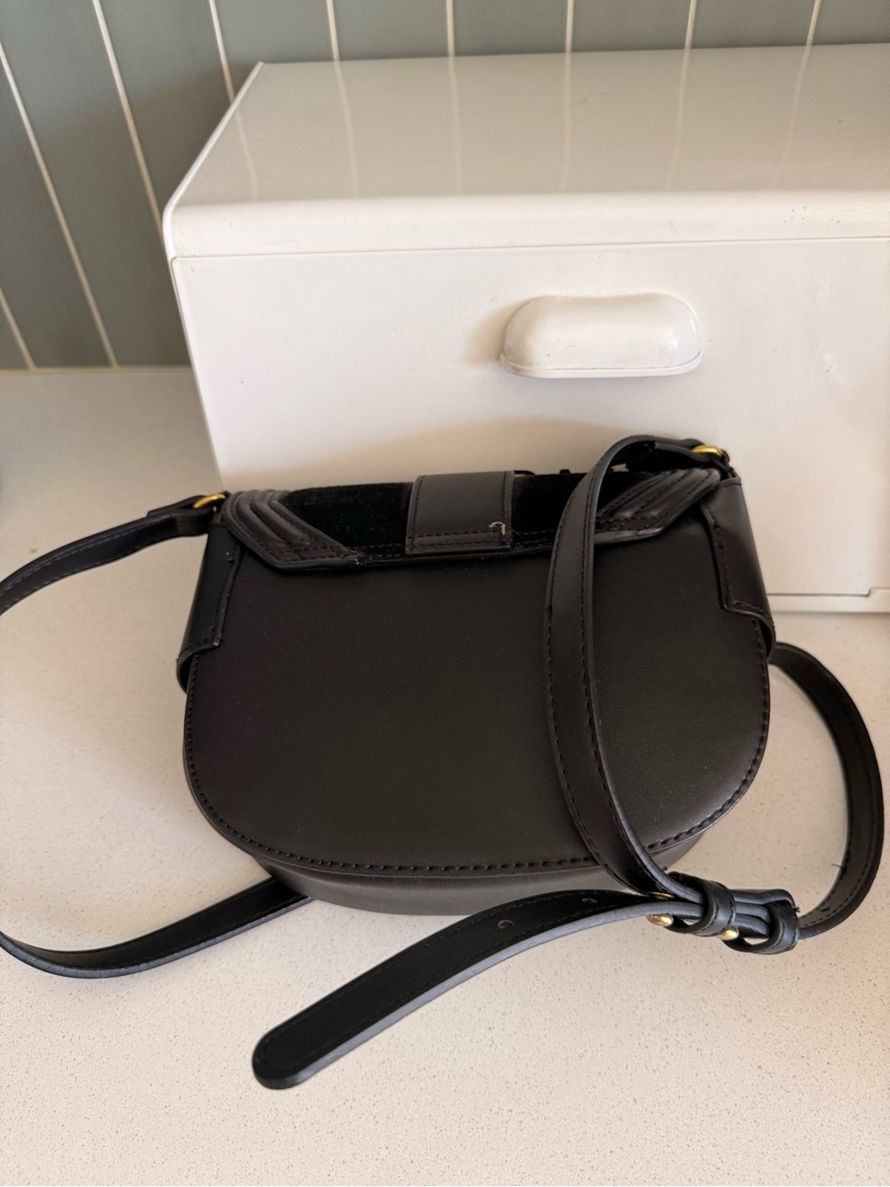 Black Saddle Crossbody Bag with Gold Buckle - Picture 2 of 3